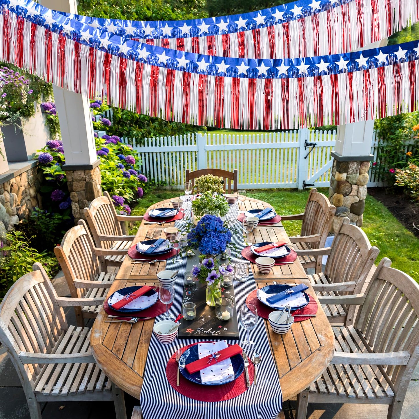 Mega-L 4th of July Decorations 2 Pack 40 Feet Foil Fringe Garland Tinsel Streamers, Red White and Blue Star Metallic Hanging Backdrop Banner Table Skirts for Parade Floats Memorial Day Patriotic Party