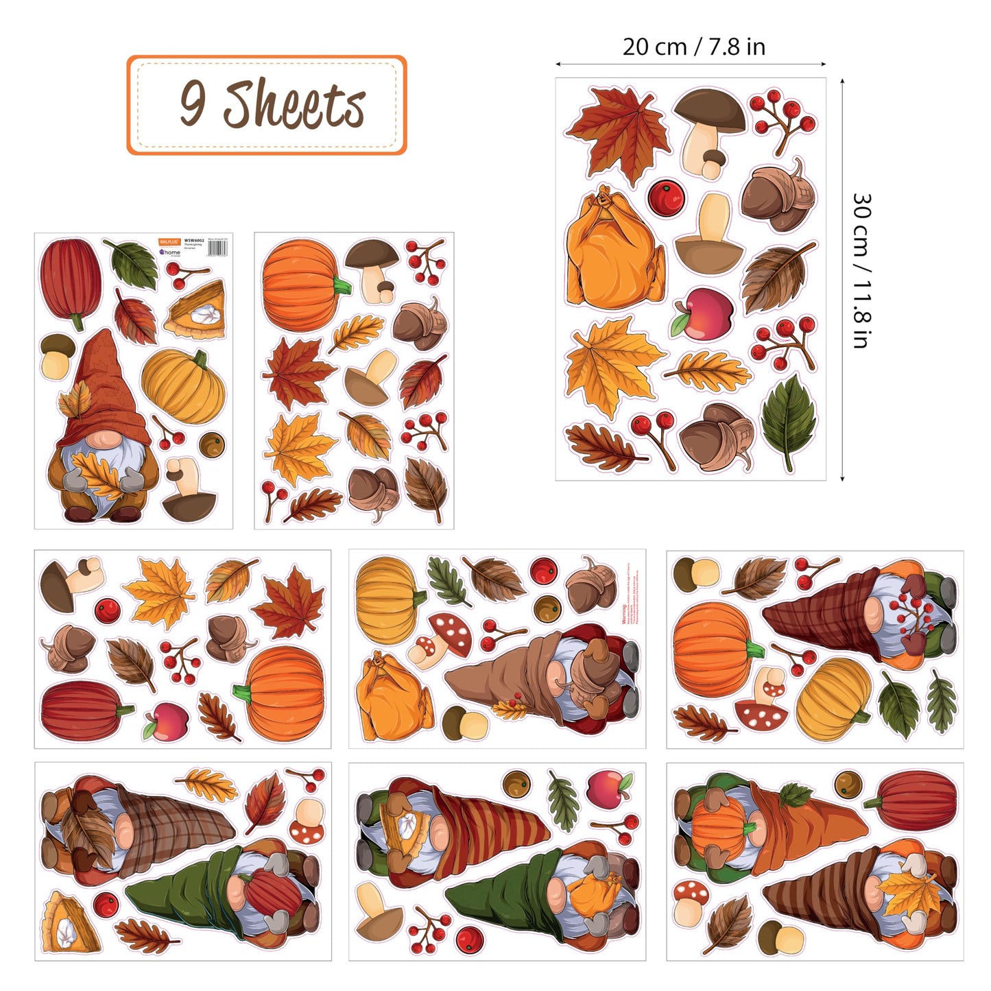 Fall Decor Autumn Window Clings Thanksgiving Decorations Double-Sided Reusable Peel and Stick Removable for Glass Living Room Nursery Room Home Office Thanksgiving Gnomes 102 Pieces