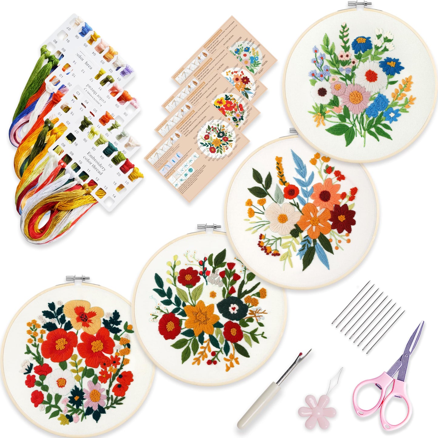 4 Sets Embroidery Kit for Beginners Adults,Needlepoint Kits for Adults with Easy Stamped Floral Pattern Fabric Hand Crafts,Bamboo Hoop,Needle,Cloth,Embroidery Kit for Decor Home Room(Flower-4)