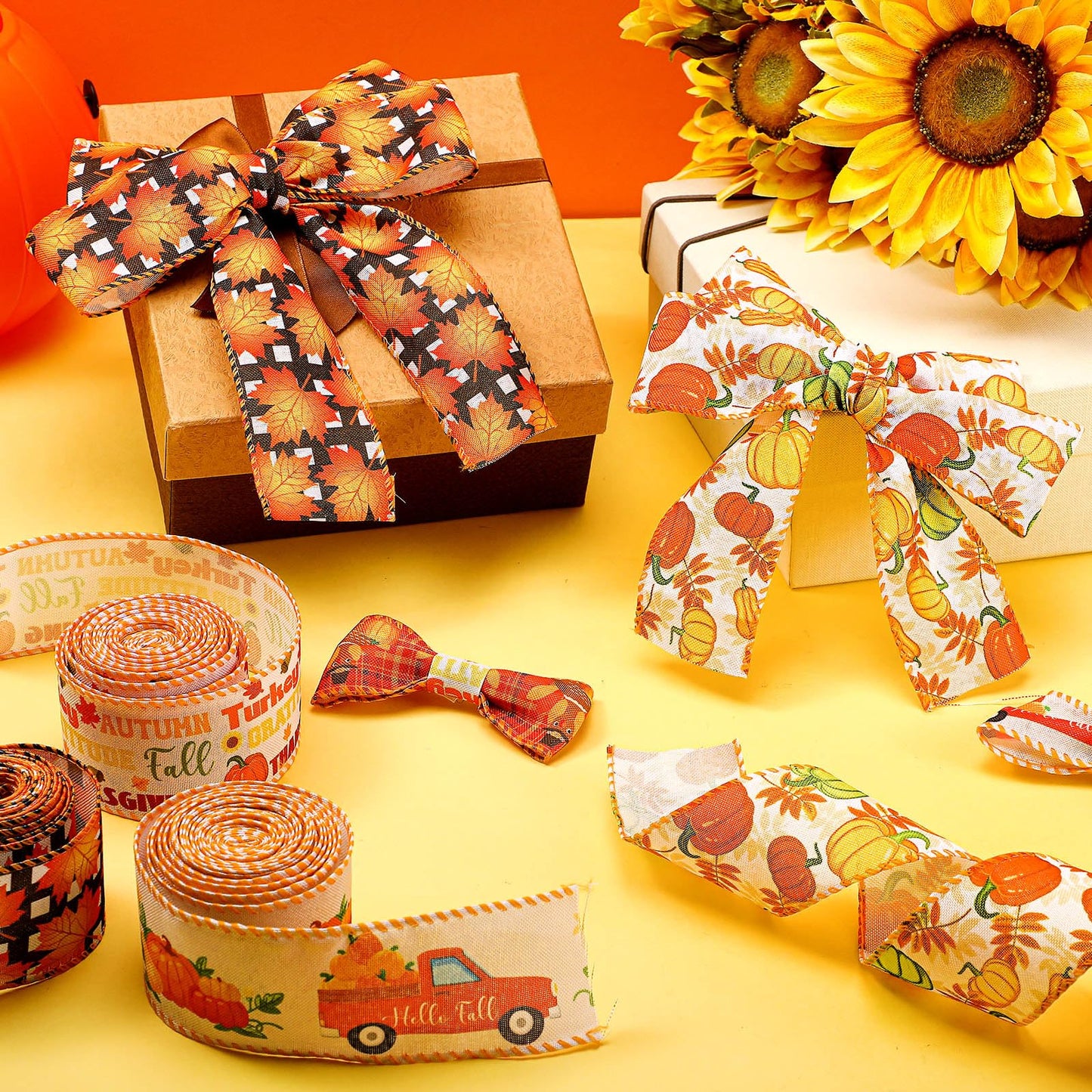Yuxung 6 Rolls 30 Yards Fall Burlap Wired Wrapping Ribbon Buffalo Plaid Pumpkin Truck Turkey Maple Harvest Fall Ribbon Thanksgiving Wreath Decoration for Autumn Craft Bow Gifts Making
