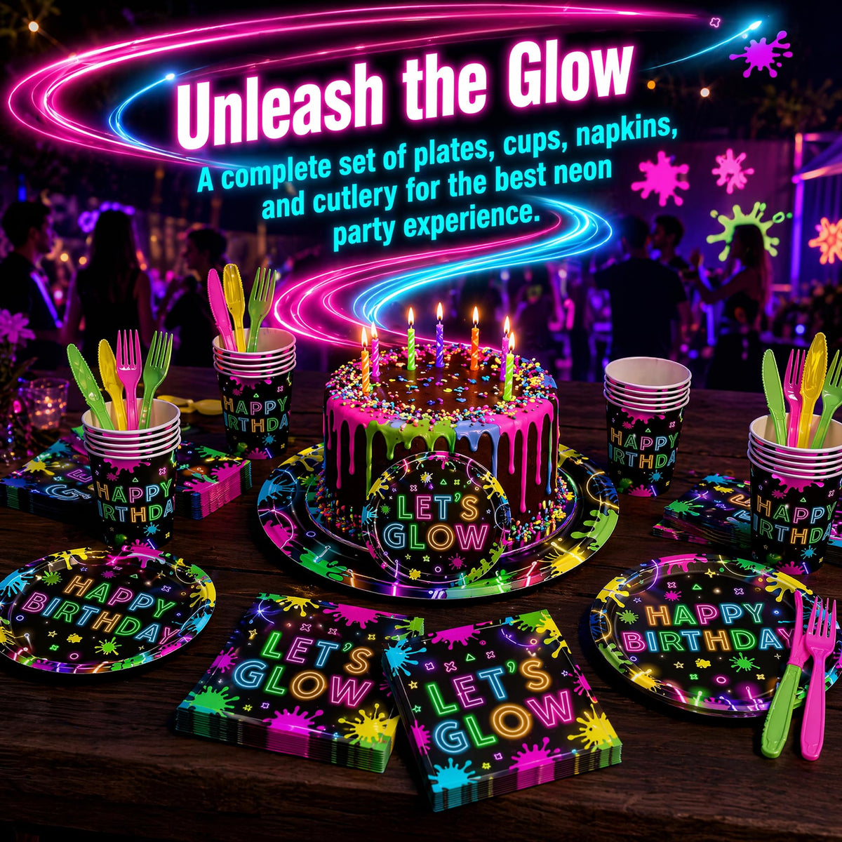 120PCS Let's Glow Party Supplies Neon Birthday Party Decorations for Kids Neon Glow in the Dark Tableware Set Plates Napkins Cups Forks Knives for 20 Guests
