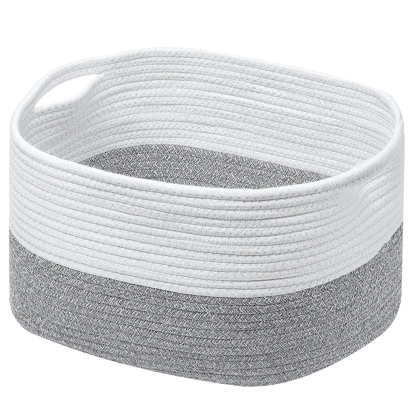 Rope Baskets for Storage Basket, Cotton Rope Woven Basket with Handles. Blanket Basket for Storing Clothes, Toys, Books, Shelves etc, 15''L x 10''W x 9.5''H, Gray/Off White
