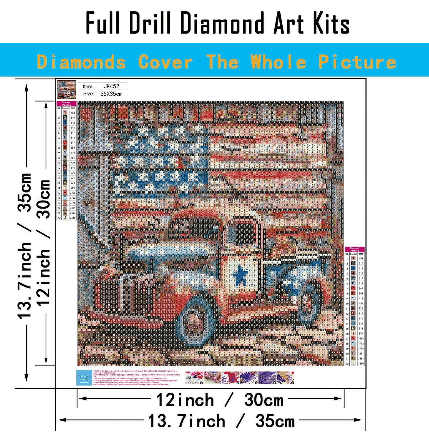 CHWGLFGG 5D Truck Diamond Art Kits for Adults Beginners,DIY Full Round Drill Diamond Painting Kits American Flag, Paint by Diamonds Dot Gem Art Crystal Easy,Home Wall Decor 13.7X 13.7Inch