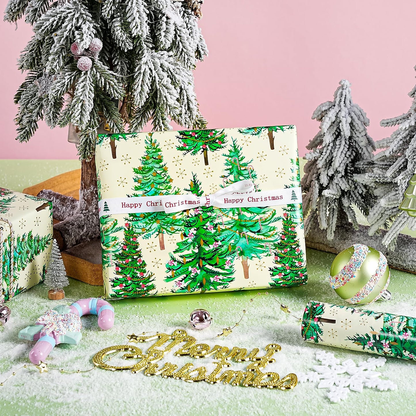 Christmas Wrapping Paper - Mini Roll - 17 Inch x 33 Feet - Gold Print Christmas Tree Wrapping Paper for Xmas Holiday, Party Celebration