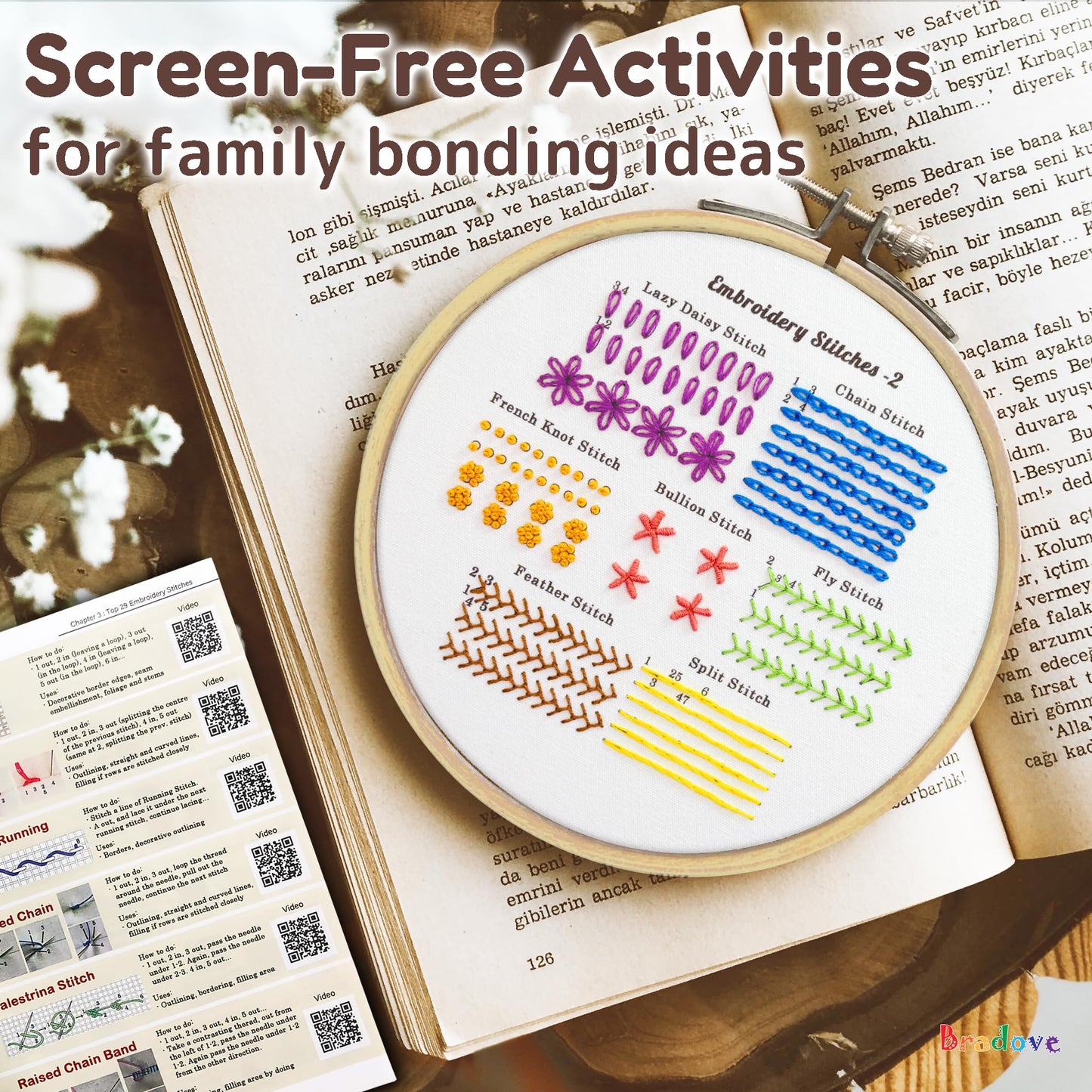 Bradove Classic Embroidery Stitches Practice Kit, Embroidery Kit for Beginners with Stamped Embroidery Patterns, Beginner Embroidery Kit for Adults, Hand Embroidery Kit for Kids, Stitches Kit