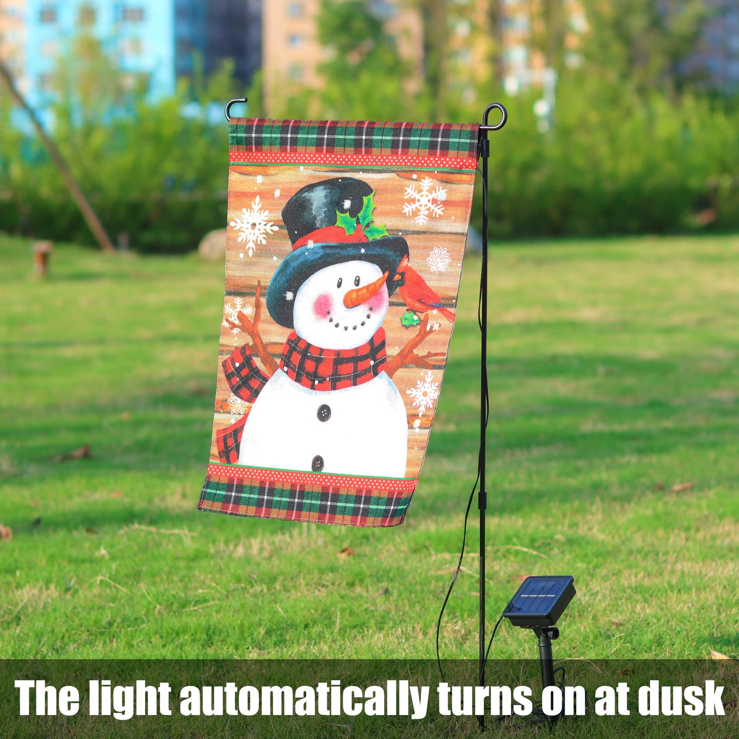 Lighted Christmas Garden Flag 12x18 Inch, Solar Light Up Snowman Yard Flag Double Sided, Vertical Small LED Christmas Outdoor Banner Holiday Yard Lawn Decoration