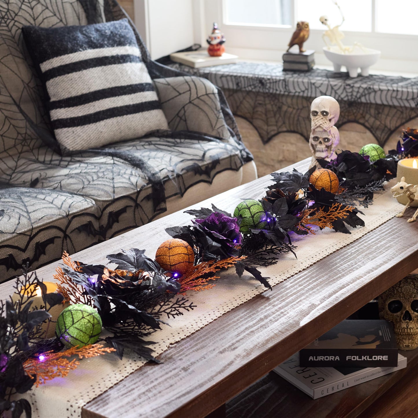 Valery Madelyn Halloween Garland with Lights, 6 Feet Pre-Lit Orange Purple Roses Black Maple Leaves Green Ball Ornaments Garland Decorations for Indoor Table Centerpiece Mantle Party Holiday Decor