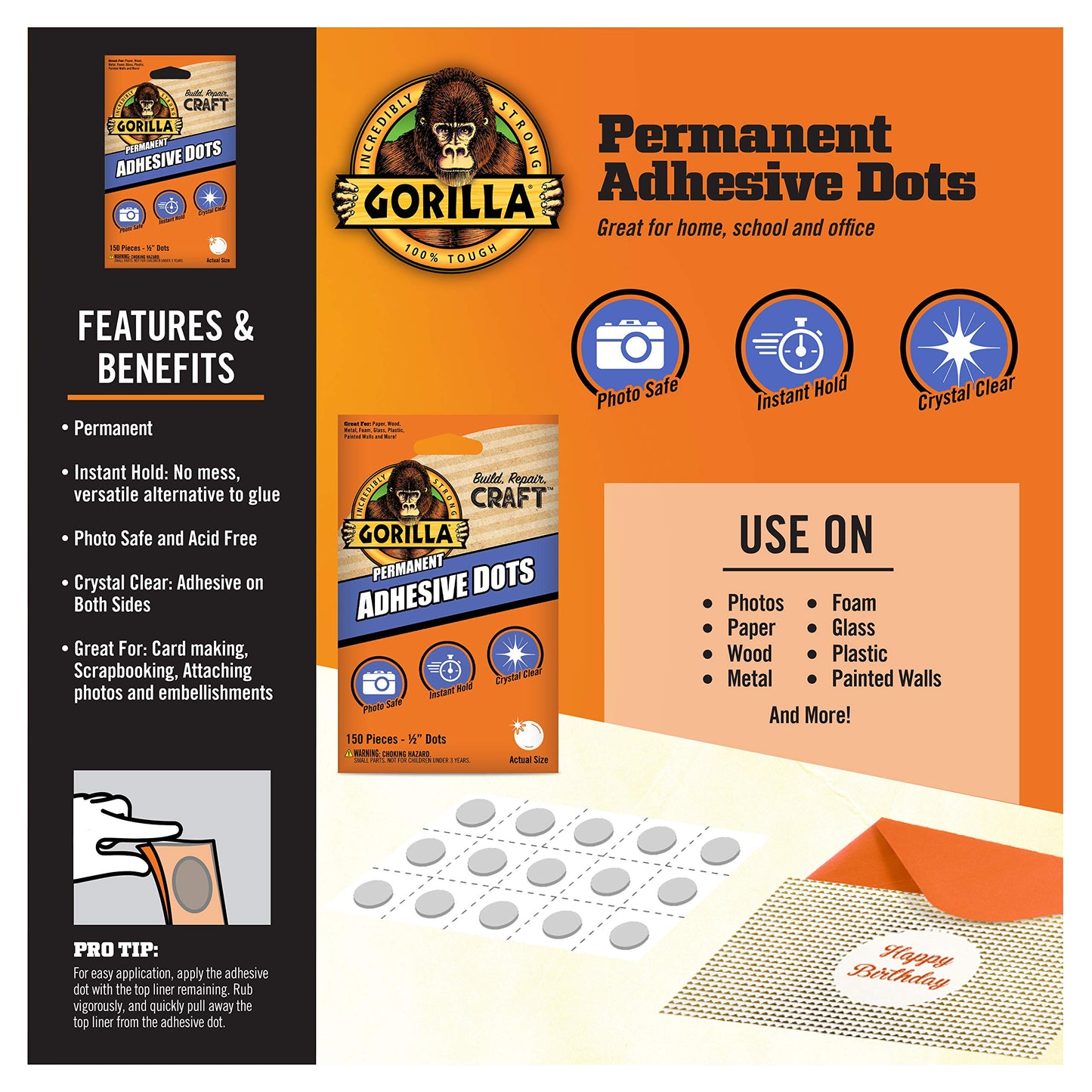 Gorilla Permanent Adhesive Dots, Double-Sided, 150 Pieces, 0.5" Diameter, Clear, (Pack of 1)