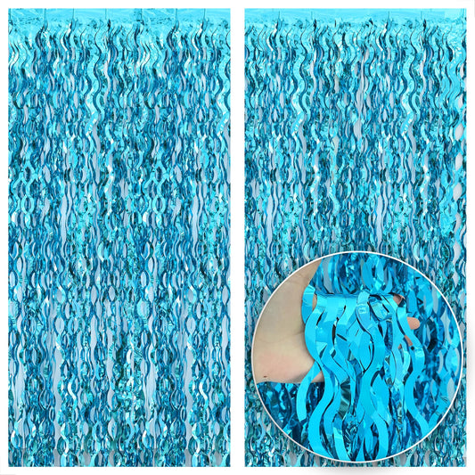 KatchOn, XtraLarge, Wavy Blue Foil Fringe Curtain - 3.2x6.5 Feet, Pack of 2 | Blue Water Beach Backdrop for Beach Party Decorations | Under The Sea Party Decorations | Summer Pool Party Decorations