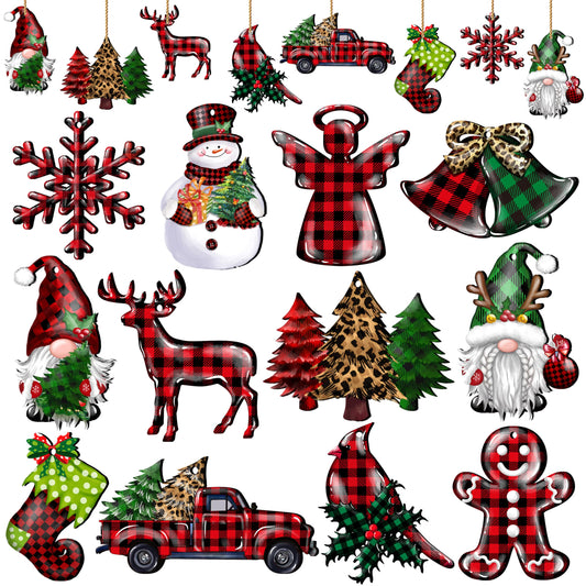JOPHMO 24 Pieces Christmas Wood Ornaments Snowflake Gnome Snowman Truck Wooden Hanging Ornaments Christmas Tree Cutouts Wood Crafts Holiday Decor Xmas Party Supplies (Xmas-Mixed-A)