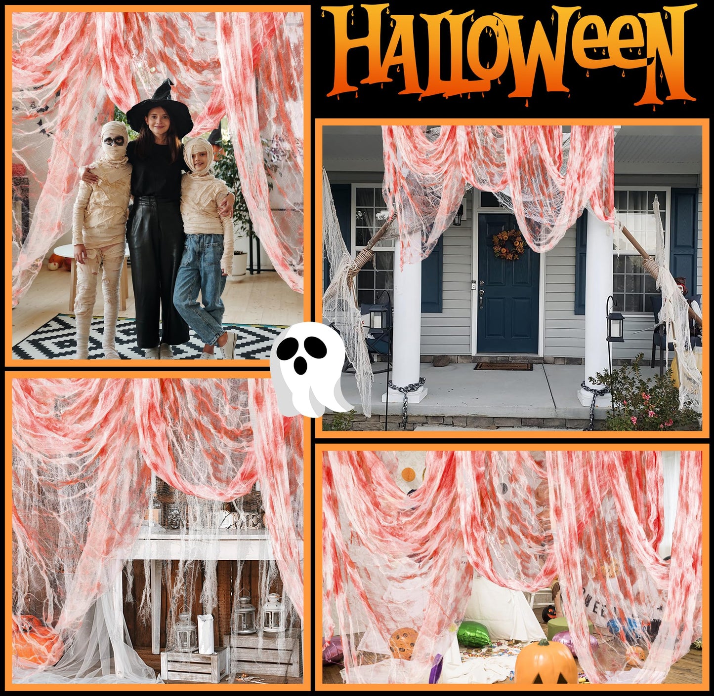 Watayo 315 x 85 Inch Halloween Creepy Blood Cloth - Scary Spooky Cloth with Bloody Prints - Windows Doorways Cover Gauze for Halloween Party Haunted House Decorations