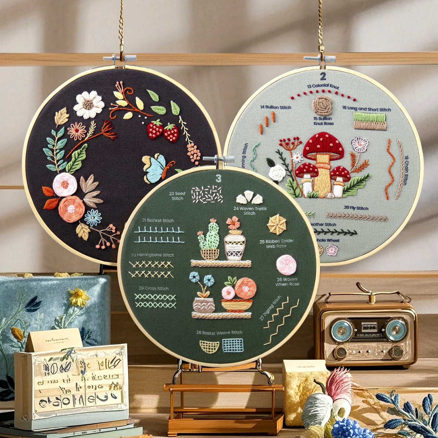 4-Piece Starter Embroidery Kit for Beginners with Simple Patterns, Learn to Embroider 31 Stitches with Hand Embroidery Kit