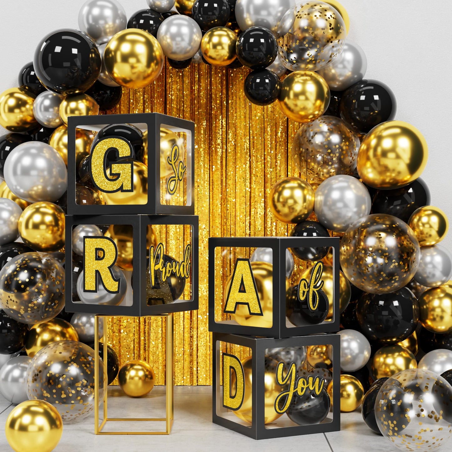Ecomore 2026 Graduation Decorations - 86 PCS Graduation Party Decor Supplies Set Includes LED Light Strings Balloon Block Boxes with Letters Foil Curtains Backdrop 2026 Balloon Garland Kit- Black Gold