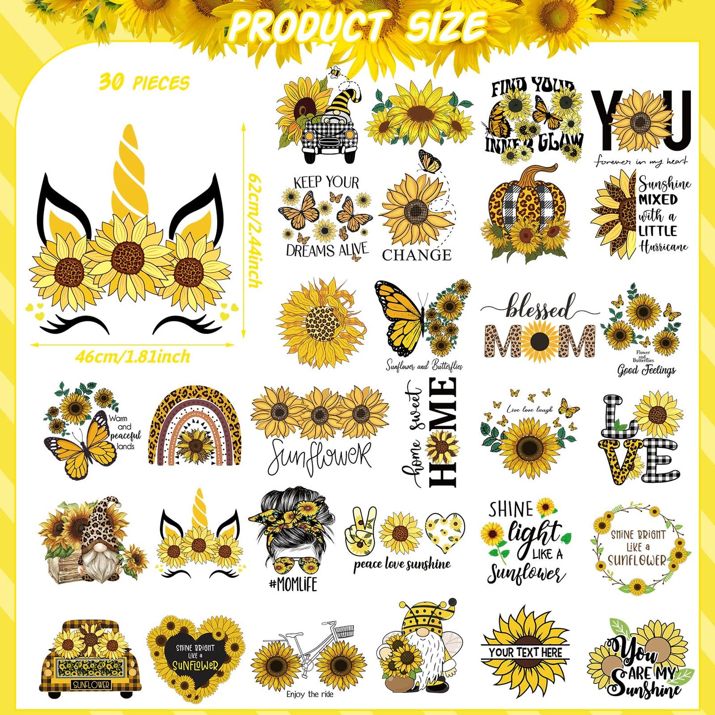 30 Pcs Sunflower Iron on Transfers Cute Patches Flower Appliques for T Shirts Spring Iron on Decals Heat Transfer Sticker for Clothes Bag Pillow Covers DIY Decorations