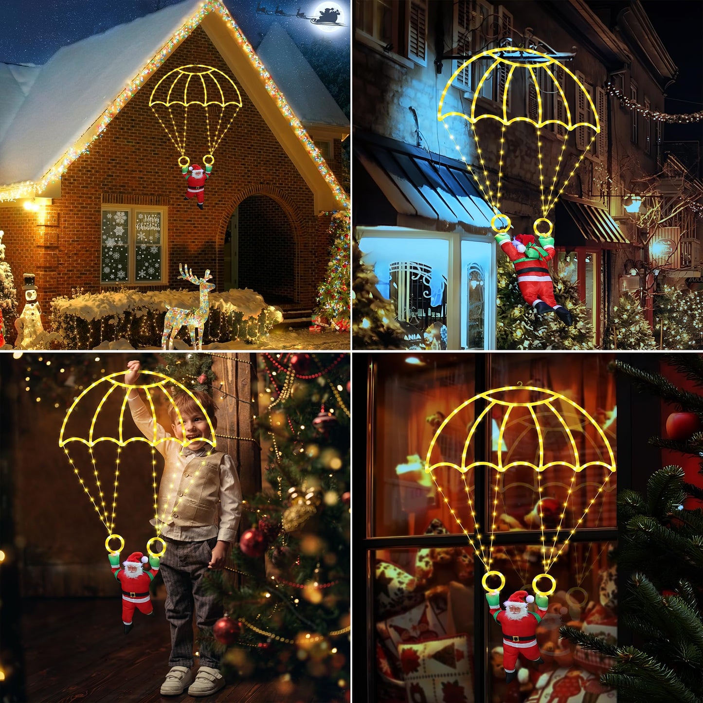 Christmas Decorations Lights Outdoor, 2.8FT Christmas Parachute Lights with Santa Claus, Waterproof 8 Modes Hanging Warm White Xmas Light - Holiday Decorative Light for Indoor Eave Roof