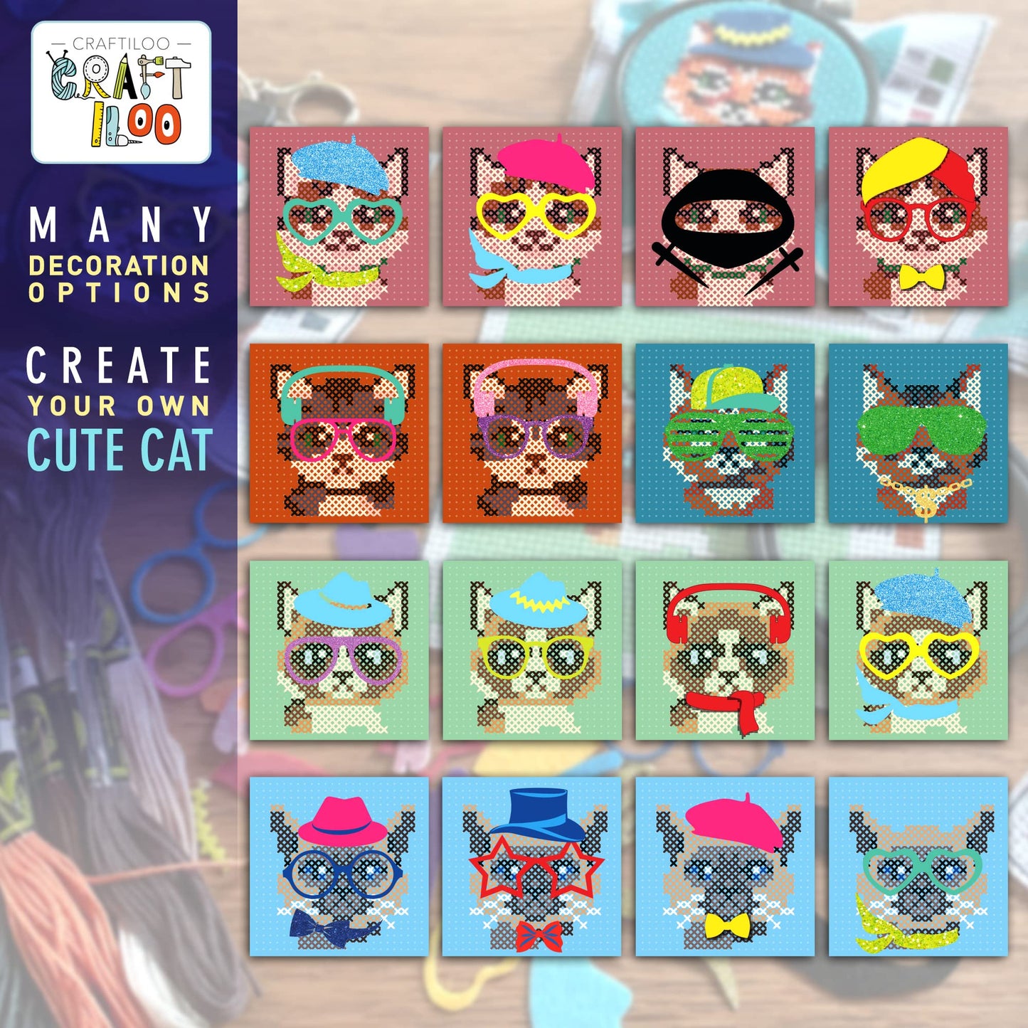 CRAFTILOO Cats Cross Stitch Kits for Beginners. 5 Stamped Cross Stitch Kits for Kids.Needlepoint Kits for Beginners. Embroidery Kit for Kids. Girls Cross Stitch kit (Cats)