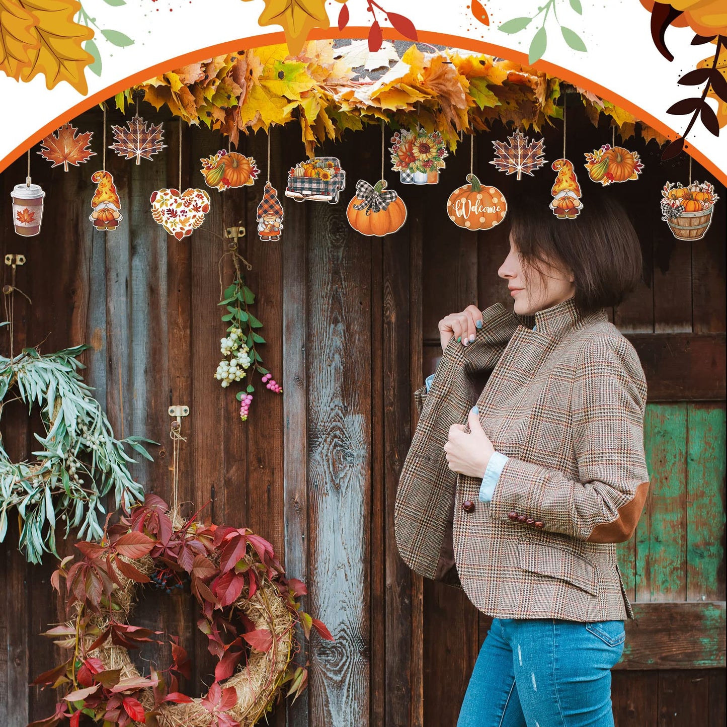 FairySandy 36 Pcs Fall Tree Decorations Thanksgiving Gnomes Ornaments for Tree Wooden Hanging Ornaments Pumpkins Leaves Flowers Cutouts Autumn Decorations for Holiday Party Supply(Cute Style)