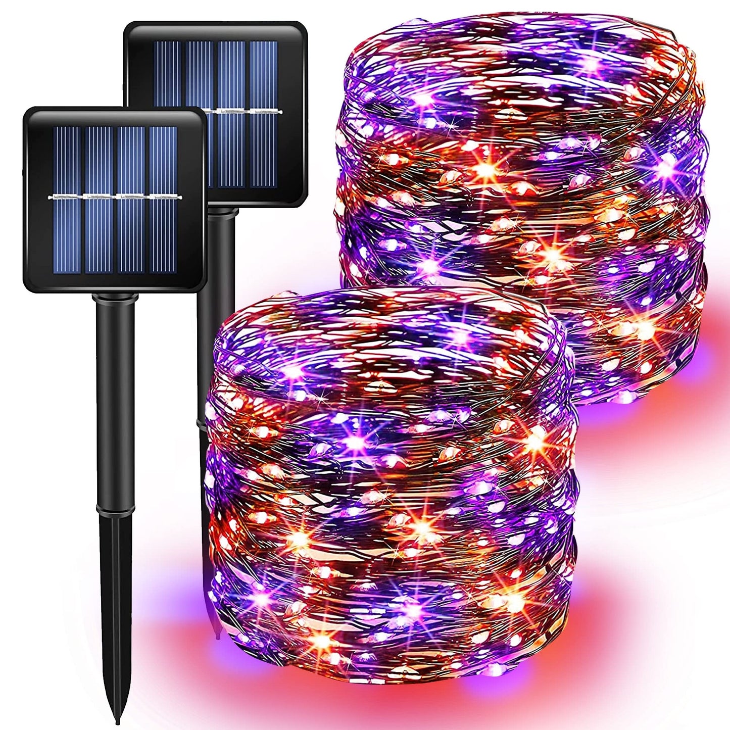 Purple and Orange Solar Halloween Lights Outdoor, Total 80 FT 240 LED Solar Powered Waterproof Fairy Lights 8 Modes Copper Black Wire Lights for Halloween Party Tree Wedding Yard Decorations, 2 Pack