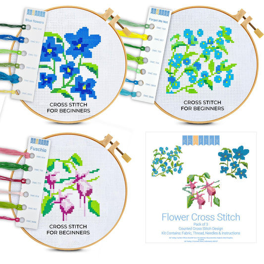 Floral Stamped Cross Stitch Kits for Beginners - 3 Pack. DIY Embroidery Needlepoint Patterns for Adults and Kids. Easy Cross Stitch Kits for Beginners (Blue Flowers, Forget Me Not & Fuschia)