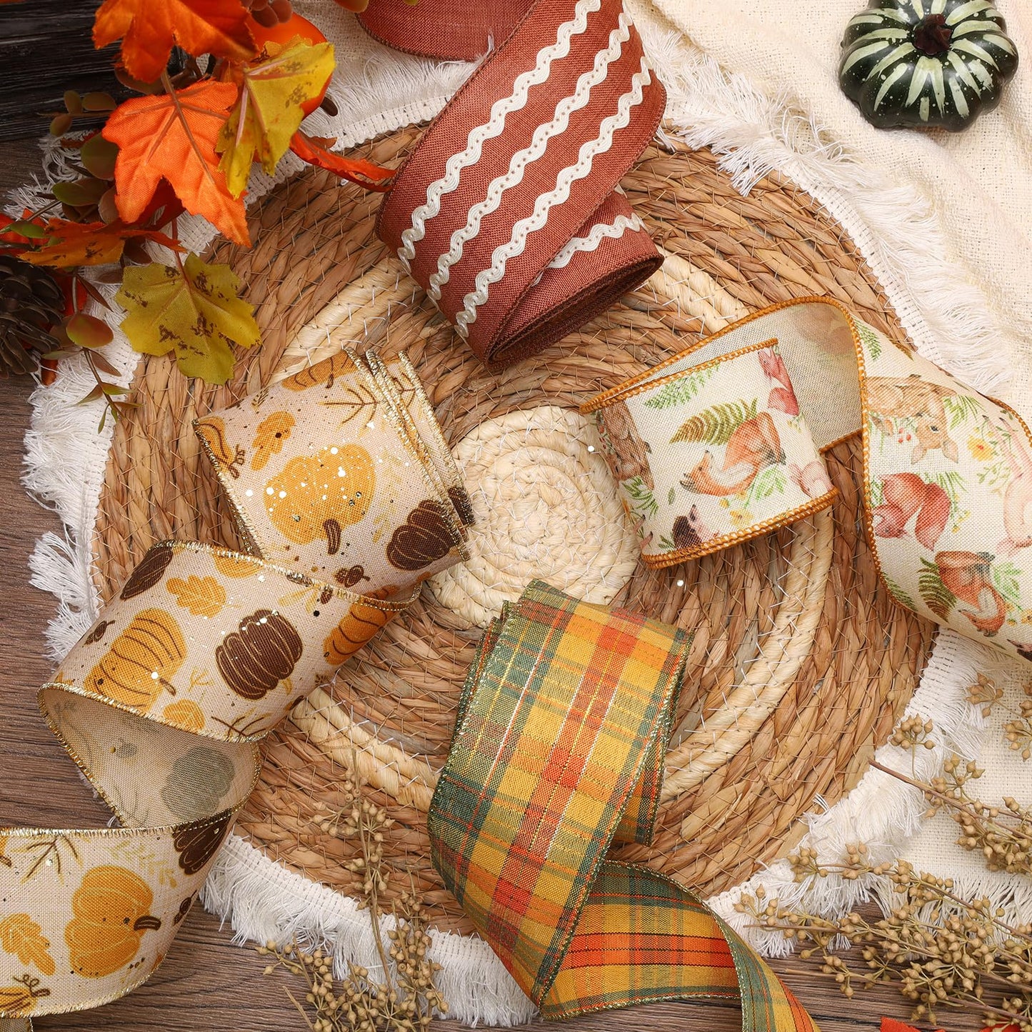 LaRibbons Fall Burlap Plaid Ribbon Wired 2 1/2" x 6 Yards 4 Rolls, Animal Park Ribbon for Autumn Wreath Thanksgiving Christmas Farm Gift Wrapping Home Decor