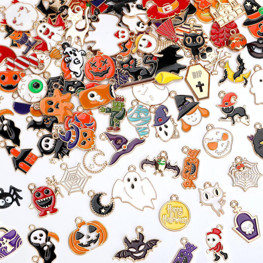 SANNIX 350Pcs Halloween Charms - Gold Enamel Pumpkin, Ghost, Skeleton, Bat, Witch for Jewelry Making Bracelets, Necklaces, Earrings, Craft Making