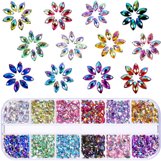 TecUnite 1200 Pieces 12 Colors Shiny Nail Rhinestones Horse Eye Rhinestones Flat Back Nail Gems Decorations Supplies with Box