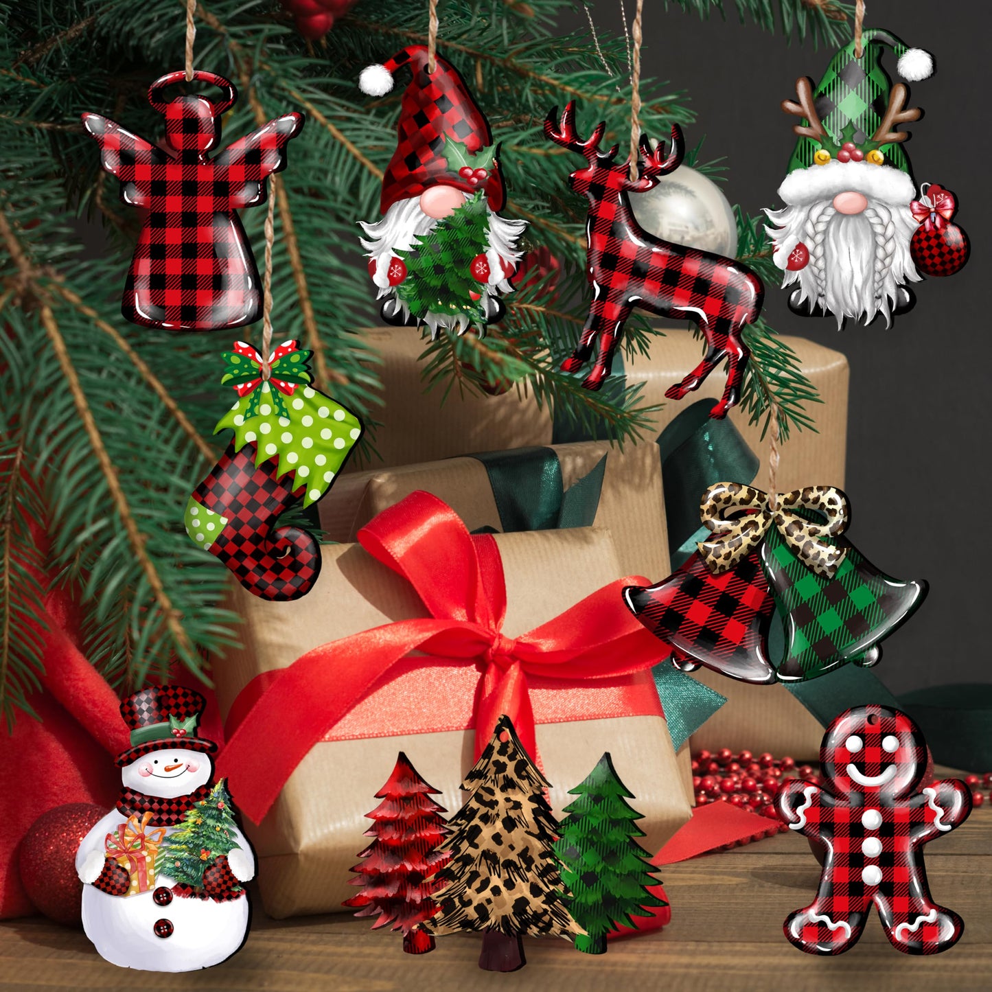 JOPHMO 24 Pieces Christmas Wood Ornaments Snowflake Gnome Snowman Truck Wooden Hanging Ornaments Christmas Tree Cutouts Wood Crafts Holiday Decor Xmas Party Supplies (Xmas-Mixed-A)