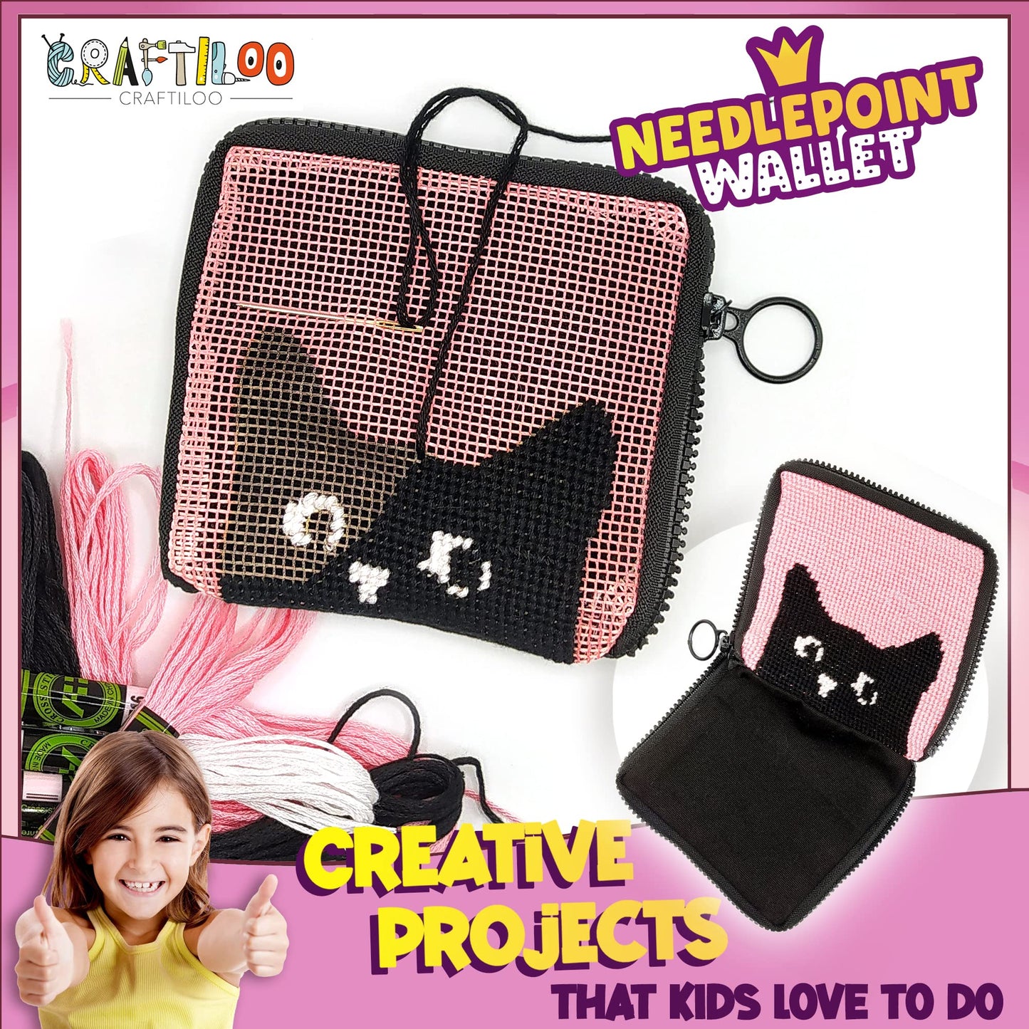 Pre Printed Needlepoint Wallet Kit for Kids Embroidery Arts and Crafts Set Cross Stitch Sewing Kit (Cat)