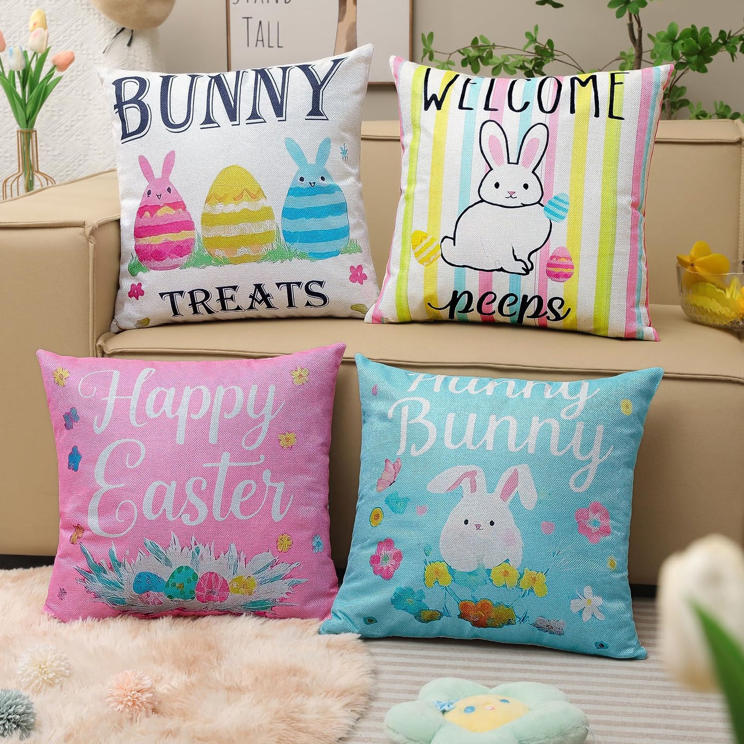 Easter Pillow Covers 18 x 18 Inch,Easter Decorations for Home,Set of 4 Happy Easter Hunny Bunny Pink Blue Decorative Throw Pillow Covers Spring Farmhouse Decor