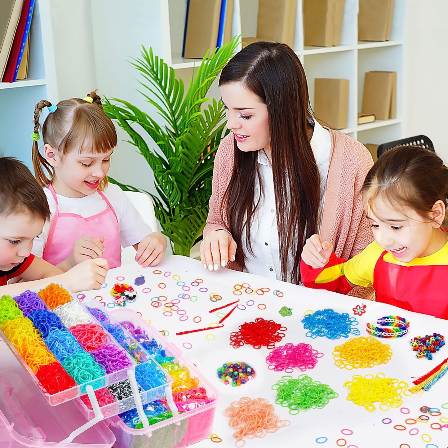 INSCRAFT 17500+ Rubber Loom Bands with 3 Layer Pink Container, 28 Colors, 600 S-Clips, 352 Beads, 40 Cartoon Pendant, Bracelet Making Refill Kit for Kids