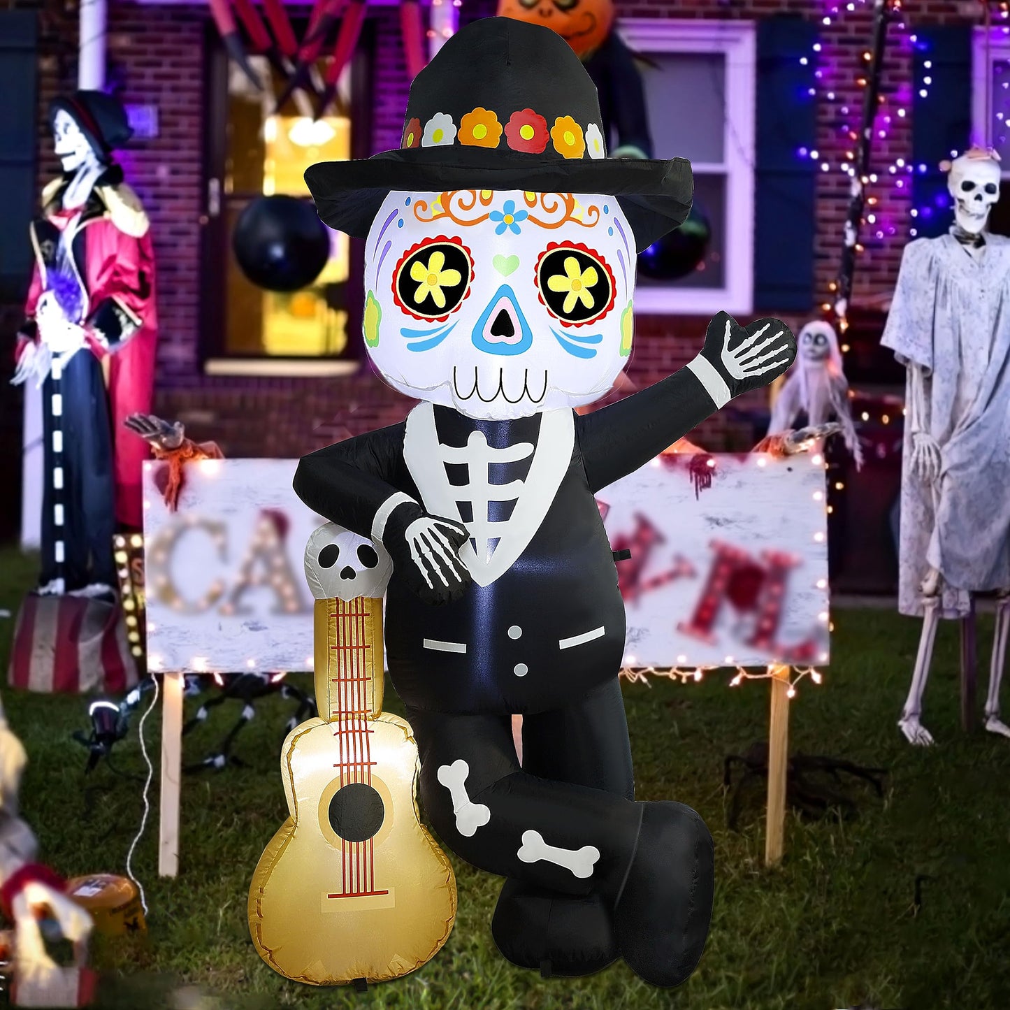Joliyoou 6FT Halloween Inflatable Decoration, Lighted Blow Up Skeleton with A Guitar, Plug-In Holiday Indoor Outdoor Standing Decor for Spooky Party Day of the Dead (Skeleton Leaning Against A Guitar)