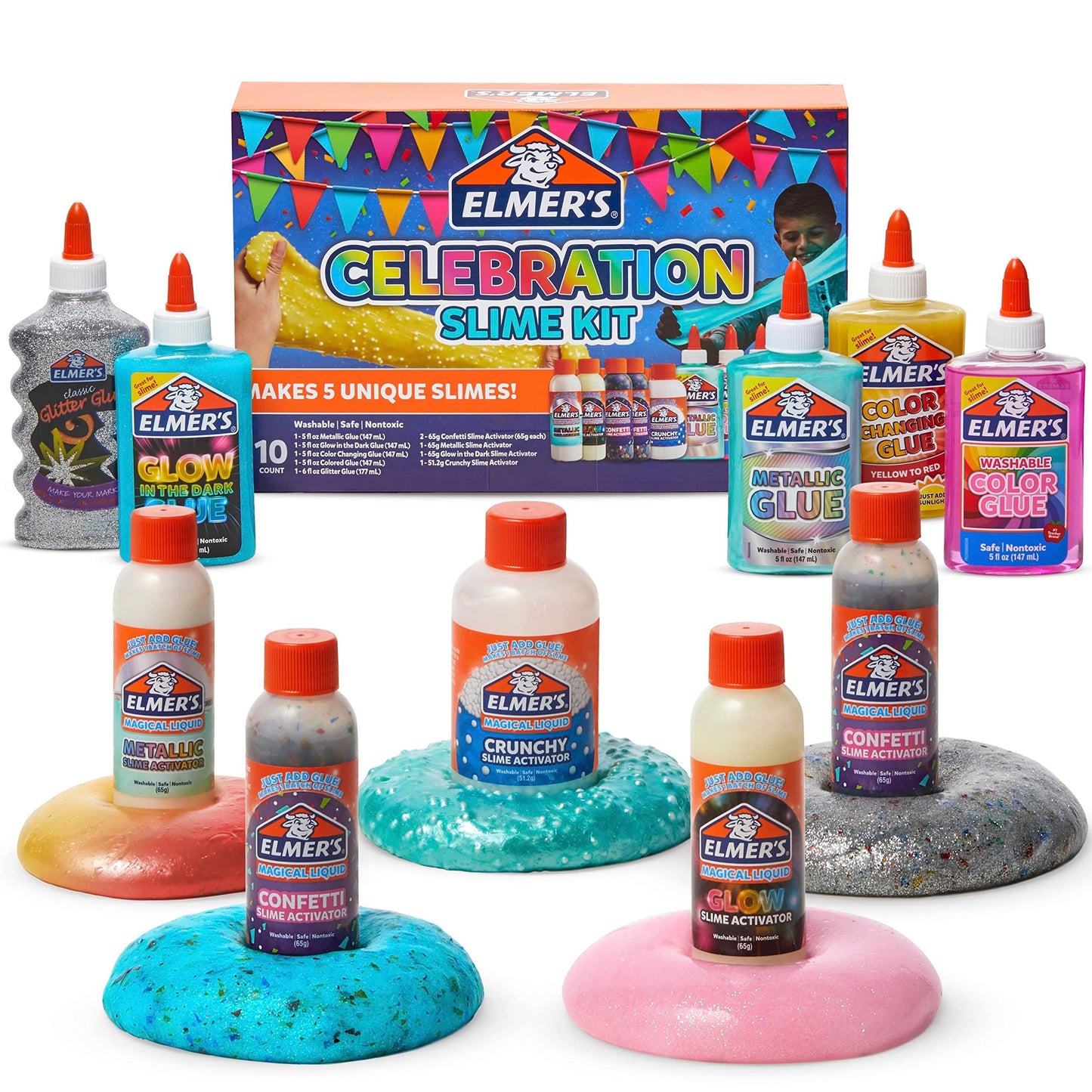 Elmer's Celebration Slime Kit, Complete Slime Supplies, Includes Assorted Magical Liquid Slime Activators and Liquid Glues, 10 Count - Kids Activity, Creative Fun, Arts & Crafts