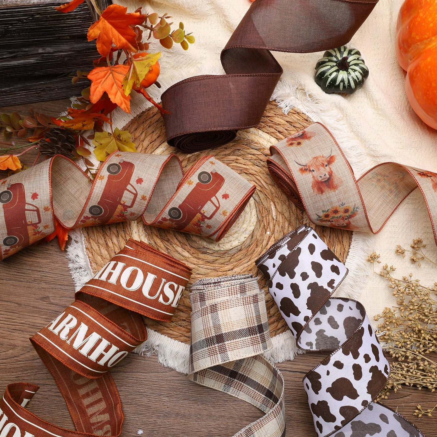 Fall Burlap Plaid Ribbon Wired 2 1/2" x 6 Yards 6 Rolls, Harvest Farm Ribbon for Autumn Wreath Thanksgiving Christmas Farm Gift Wrapping Home Decor