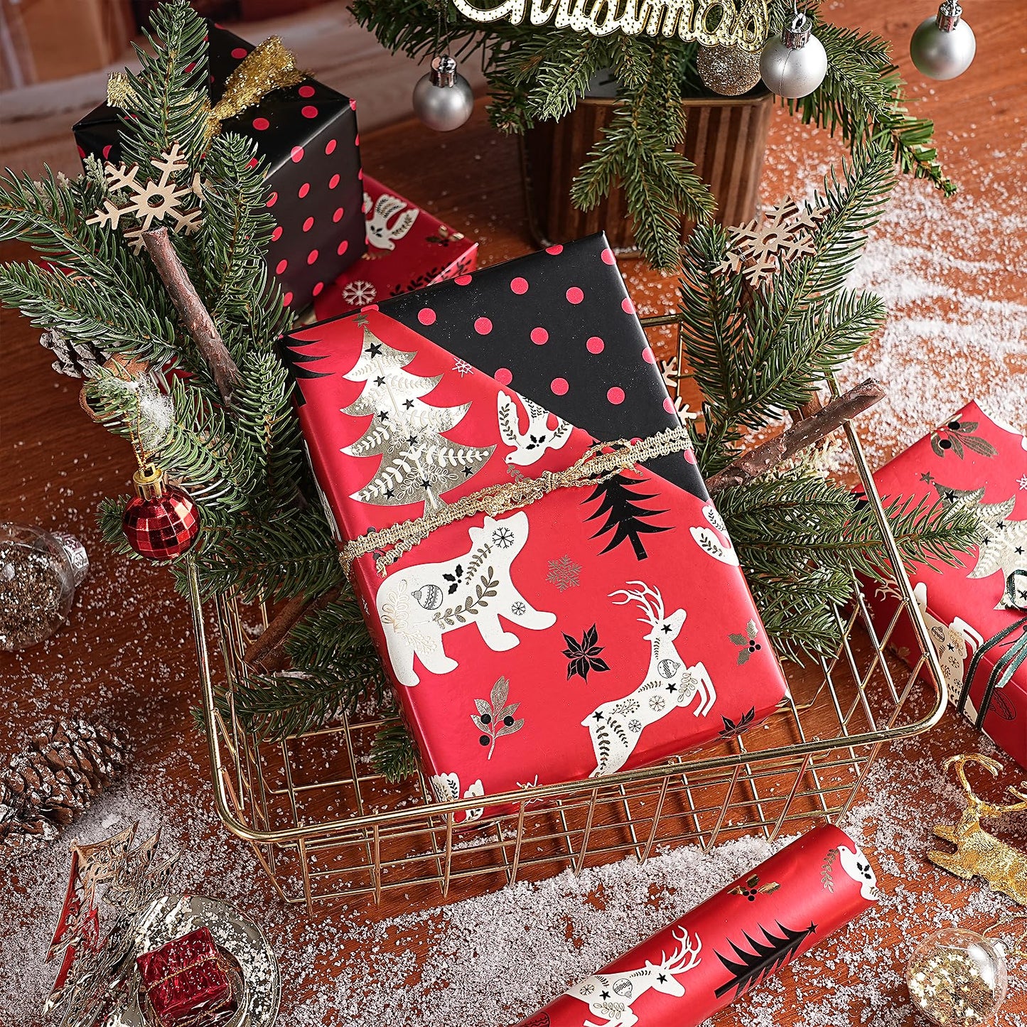 Christmas Reversible Wrapping Paper Roll, Mini Roll, Red Black Reindeer and Tree Design, Black with Red Polka Dots Gift Wrap Paper for Adults, Kids and Holiday Gifts, 17 Inches x 32.8 Feet