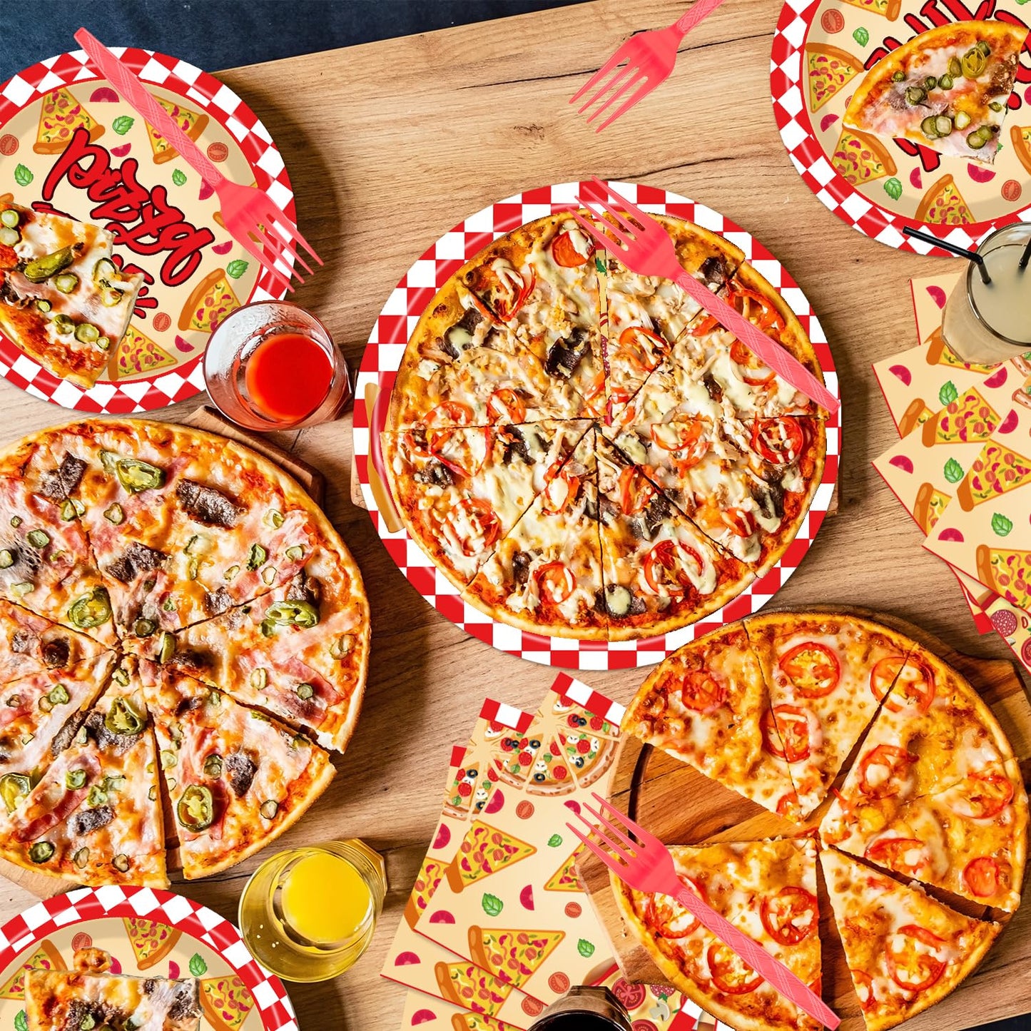 EngoEagle Pizza Plates and Napkins Party Supplies - 96PCS Pizza Birthday Party Decorations Pizza Time Pizza Themed Disposable Tableware Set Serves 24 Guests