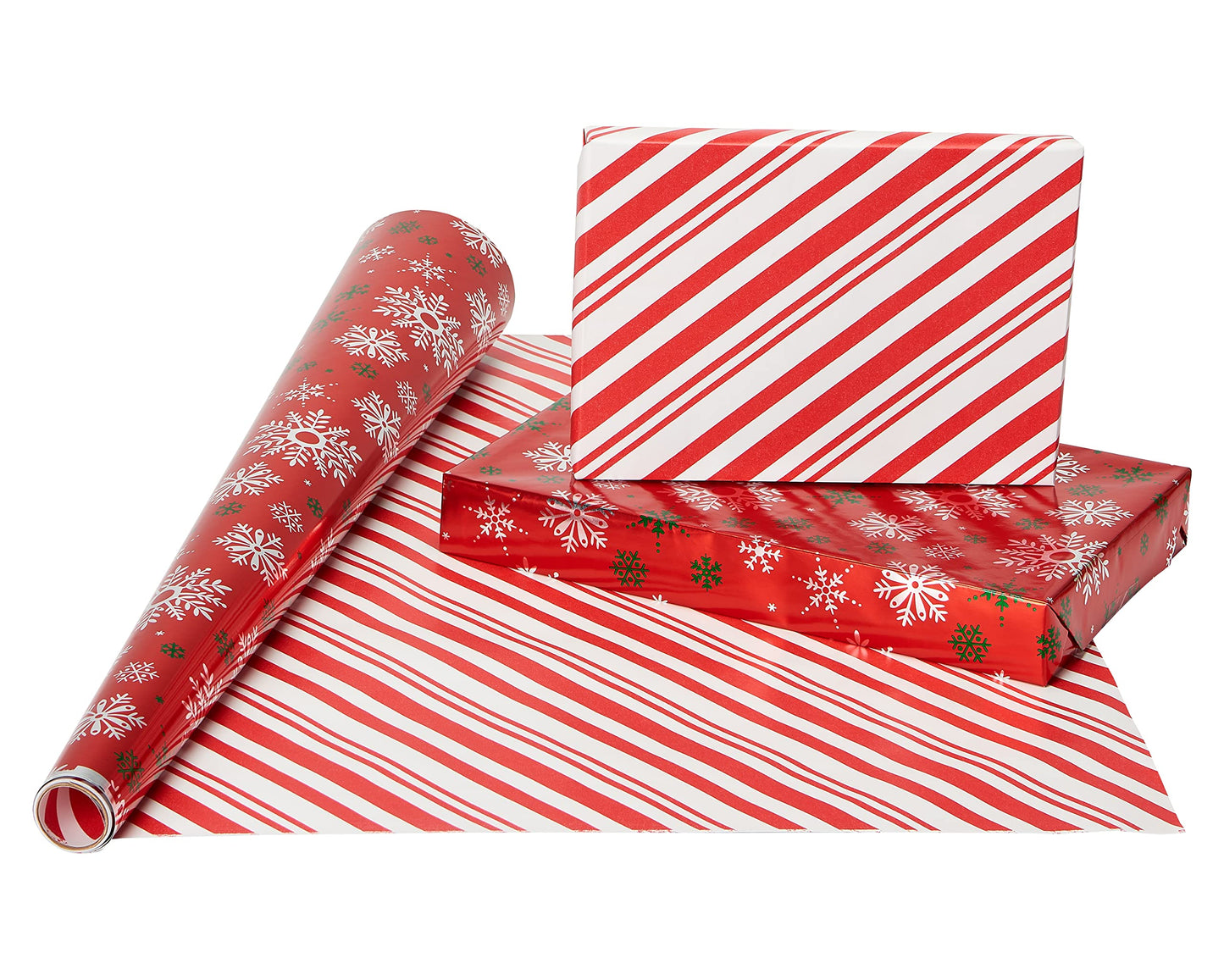 Reversible Christmas Wrapping Paper Rolls, Red and Green Holiday Gift Wrap (105 sq. ft., 4 Rolls-30 in. x 12 ft.) Polka Dots, Trees, Snowmen and Snowflakes