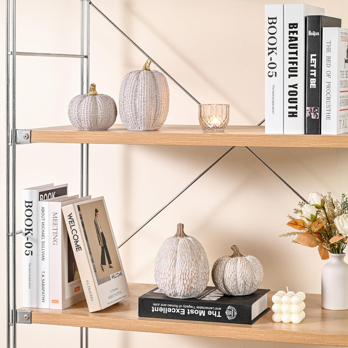 AOMOONOA Artificial Pumpkin Decor, Brown and White Decorative Pumpkins