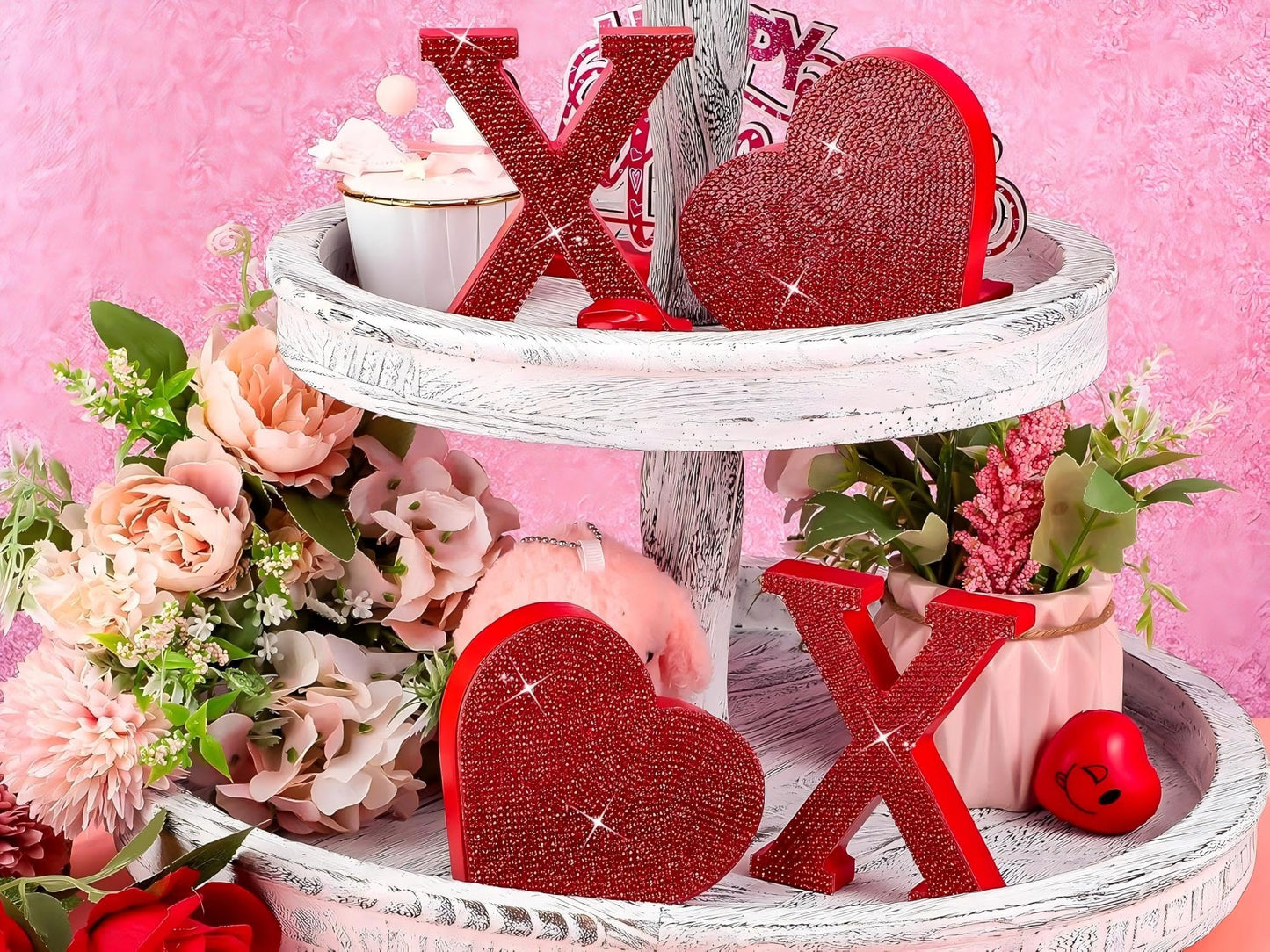 Wood Valentine's Day Table Decorations Freestanding Block Red Cutout Letters with Rhinestone Decor for Valentine's Day Anniversary Wedding Party Favor(Sweet Style)