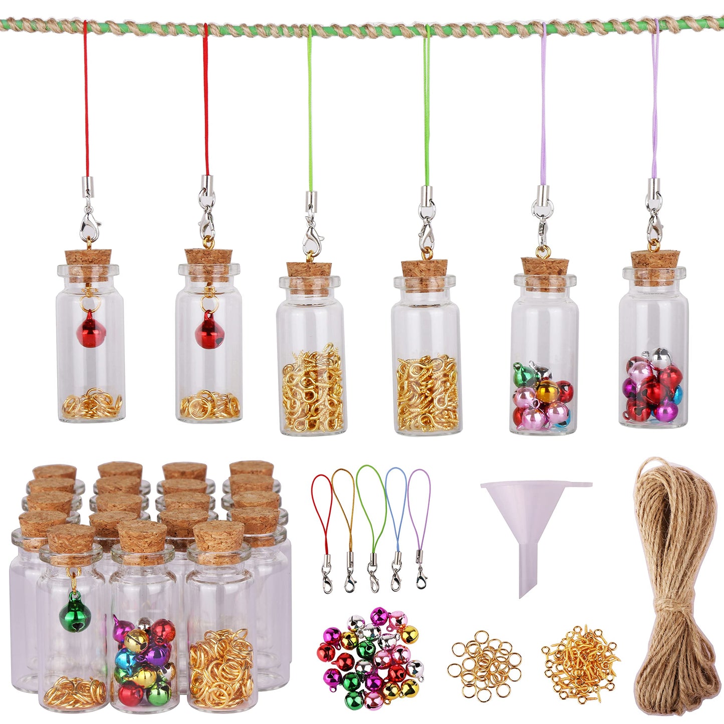 MaxMau 25pcs Small Glass Bottles with Cork Stoppers DIY Art Craft Storage 10ml Mini Glass Vials,Tiny Jars for Wedding Party Favors Home Decoration with Connection Accessories Twine Bell