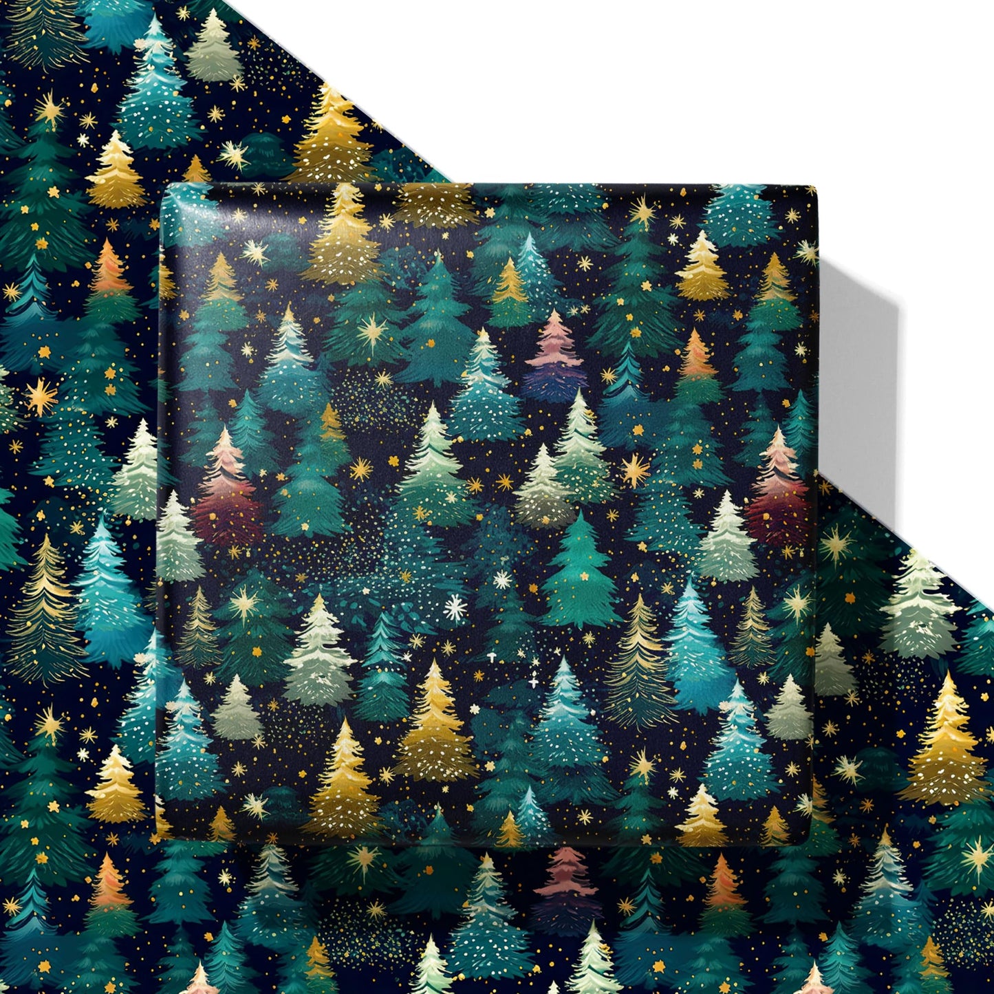 SaringSwoon Christmas Tree Wrapping Paper for Kids Adults - Xmas Wrapping Paper with Starry Night Sky, Christmas Trees and Stars Designs for Winter Holiday - 40×28 Inches, 4 Folded Sheets