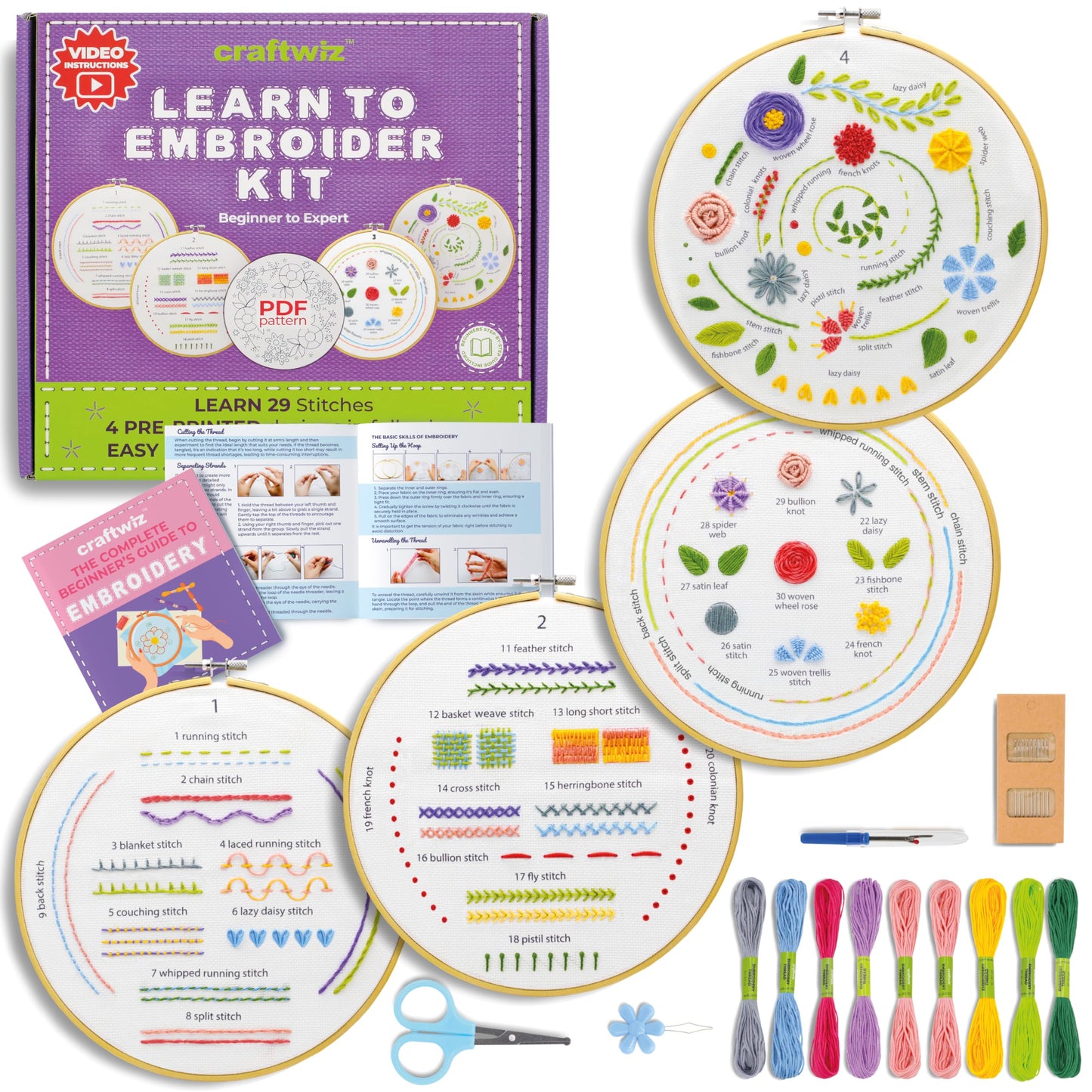 Craftwiz 4-Piece Starter Embroidery Kit for Beginners and Expert with Simple Patterns, Learn 29 Stitches with Hand Embroidery Kit