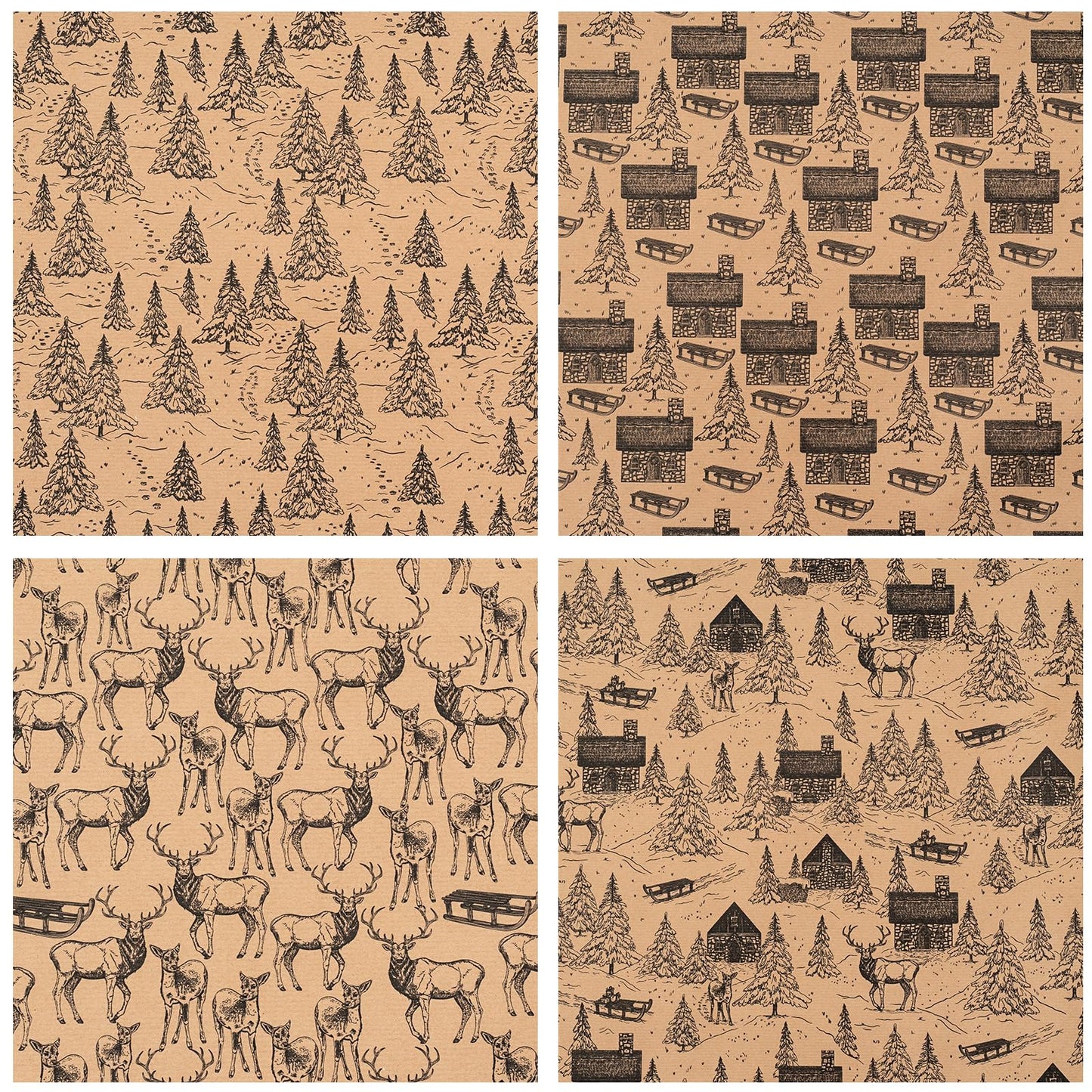 Christmas Wrapping Paper - Black Sketch Design - 4 Rolls - 30 Inches x 10 Feet Per Roll