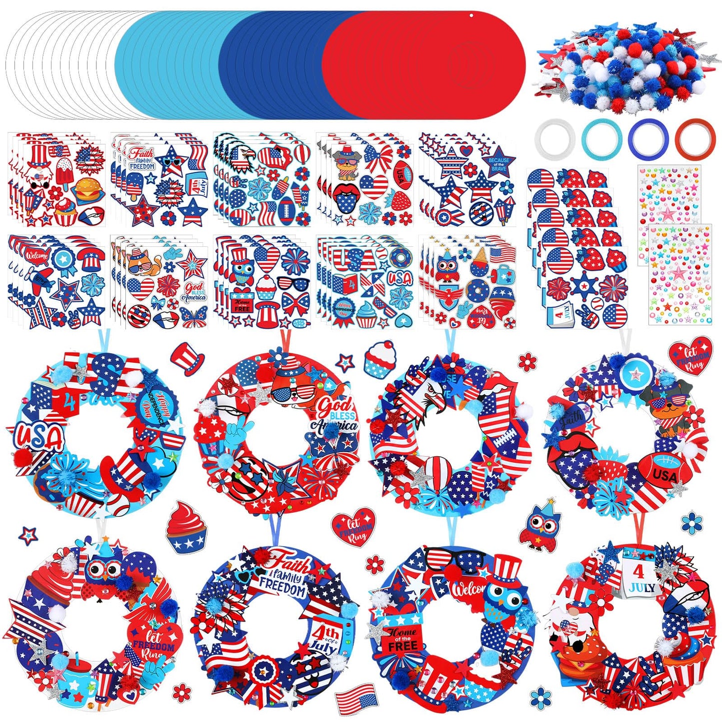 Hollowfly 48 Sets Patriotic Wreath Craft Kit DIY 4th of July Paper Crafts American Craft DIY Wreath Hanging Ornaments Decor for 250th Anniversary Memorial Independence Day Art Activity Home Supplies