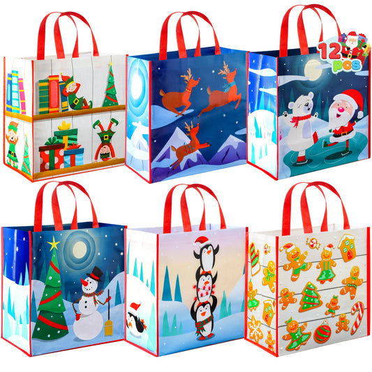 12 PCS Christmas Large Gift Bags with Handles 13.75" x 14", Non-Woven Tote Bag for Wrapping Xmas Party Favors, Reusable Grocery Bags, Party Supplies