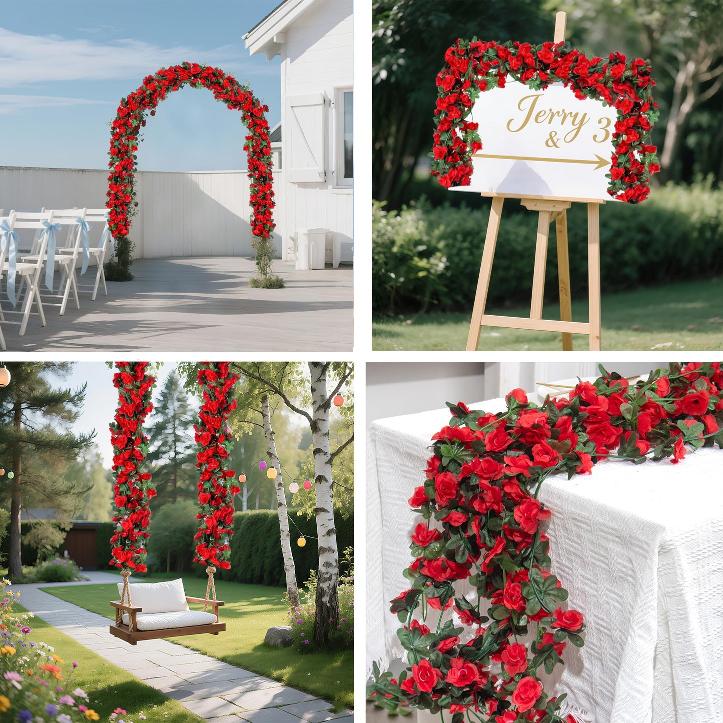 BSMYBO 5Pcs 41FT Artificial Red Flower Garland, Fake Hanging Flower Vines Wine Red Rose with Green Leaves, Faux Silk Flower for Backdrop Decoration Tea Party Wedding Birthday Anniversary Bedroom
