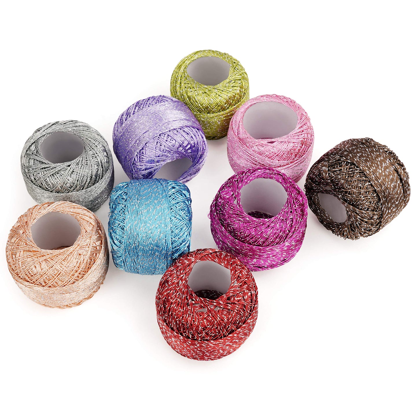 Kurtzy Colourful Glitter Crochet Yarn (10 Balls) - 2 Crochet Hooks Included (3mm & 4mm) - Each Thread Ball Weighs (15g/0.53 oz) - Total of 950/1040 Yards of Sparkly Coloured Acrylic Yarn
