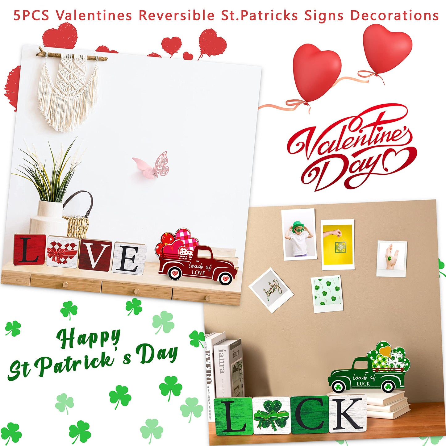 5PCS Valentines Decor/St.Patricks Decorations Reversible Table Centerpieces Tiered Tray Ornament for Home Party Decor