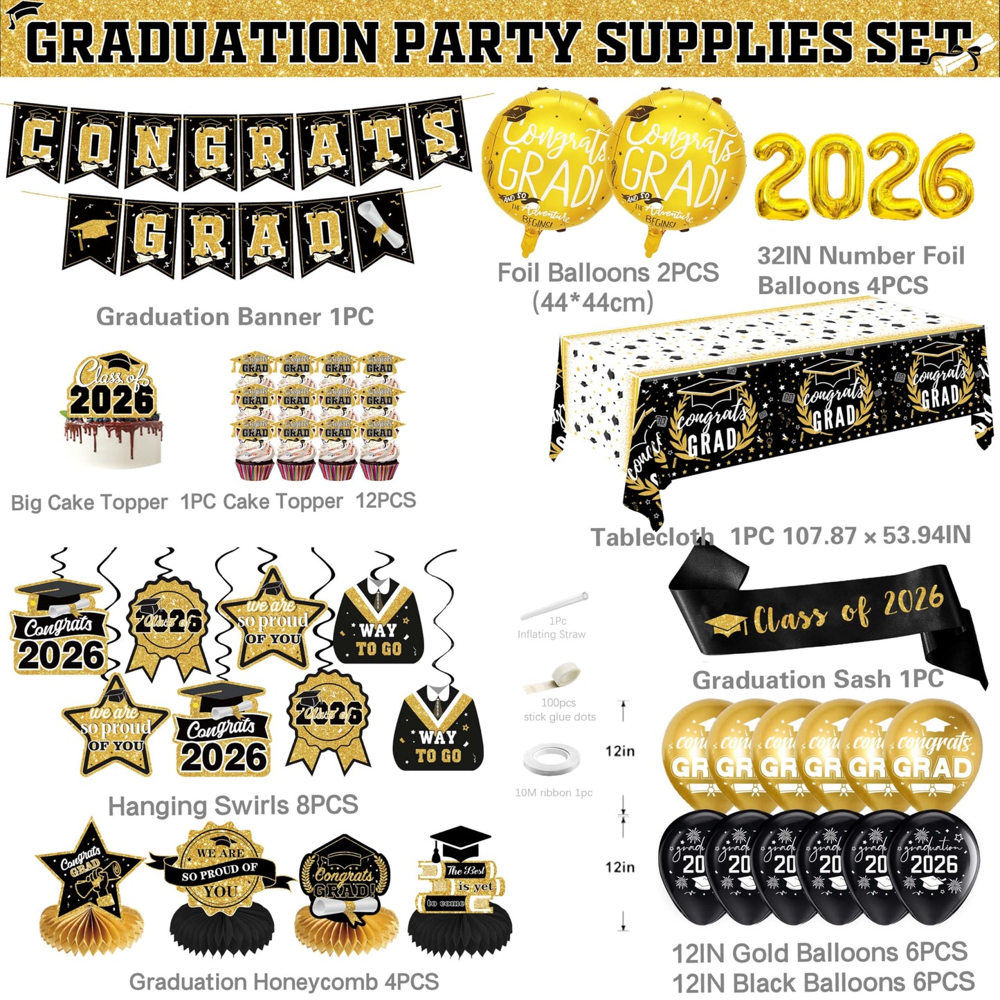 Black and Gold Graduation Decorations 2026 Class of 2026 Decorations - Includes 32 Inch Gold 2026 Balloons, Congrats Grad Banner, Tablecloth, Sash, Centerpieces - College High School Party Supplies