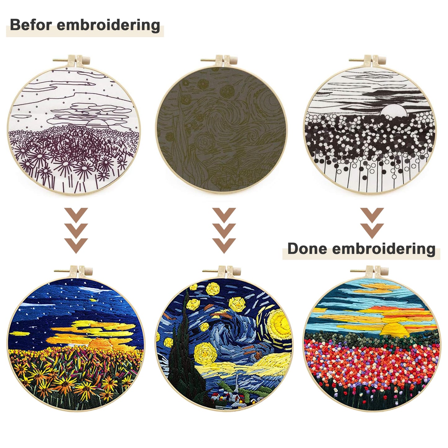 Maydear 3 Sets Embroidery kit for Beginners Adults,Embroidery Kit Punch Needle Kit Cross Stitch Kits with Embroidery Hoop and Instructions,Hand Embroidery Starter Kit