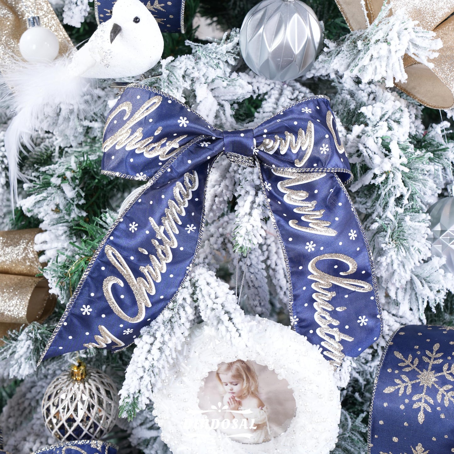 DINDOSAL Navy Blue and Gold Christmas Tree Ribbon - 2.5 Inch Wired Ribbon, 6 Rolls for Wreaths, Bows, Decorations
